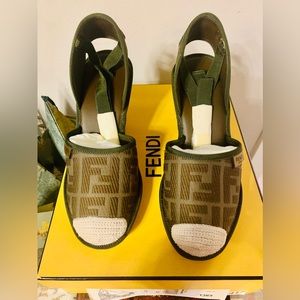 Authentic Amazonia Fendi FF Logo Canvas Wedge Heel Espadrille, Size 36.5